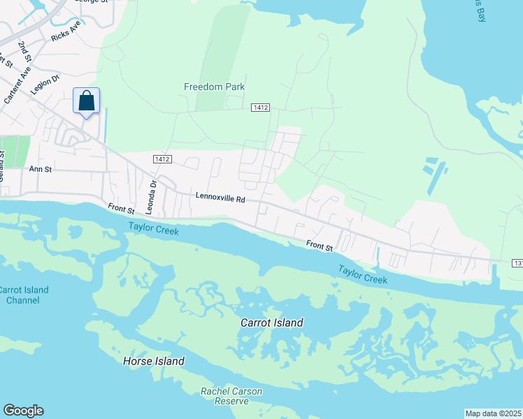 map of restaurants, bars, coffee shops, grocery stores, and more near 134 Shearwater Lane South in Beaufort