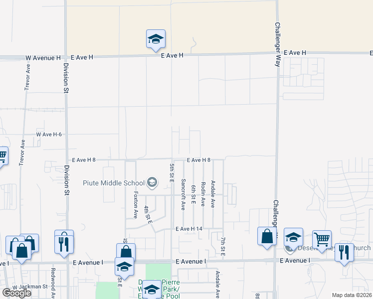 map of restaurants, bars, coffee shops, grocery stores, and more near 45617 6th Street East in Lancaster