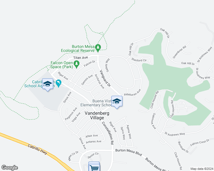 map of restaurants, bars, coffee shops, grocery stores, and more near 4184 Vanguard Drive in Lompoc