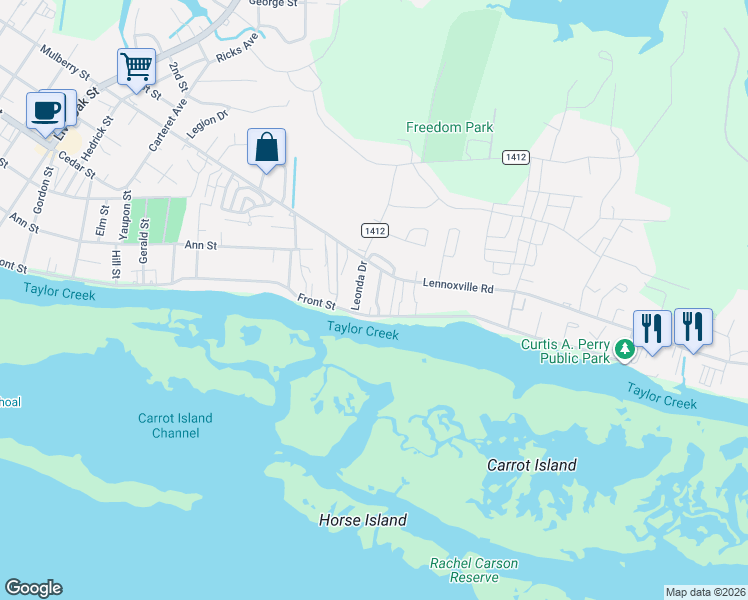 map of restaurants, bars, coffee shops, grocery stores, and more near 1510 Front Street in Beaufort