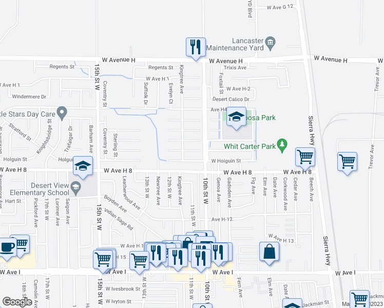 map of restaurants, bars, coffee shops, grocery stores, and more near 1028 West Avenue H 7 in Lancaster