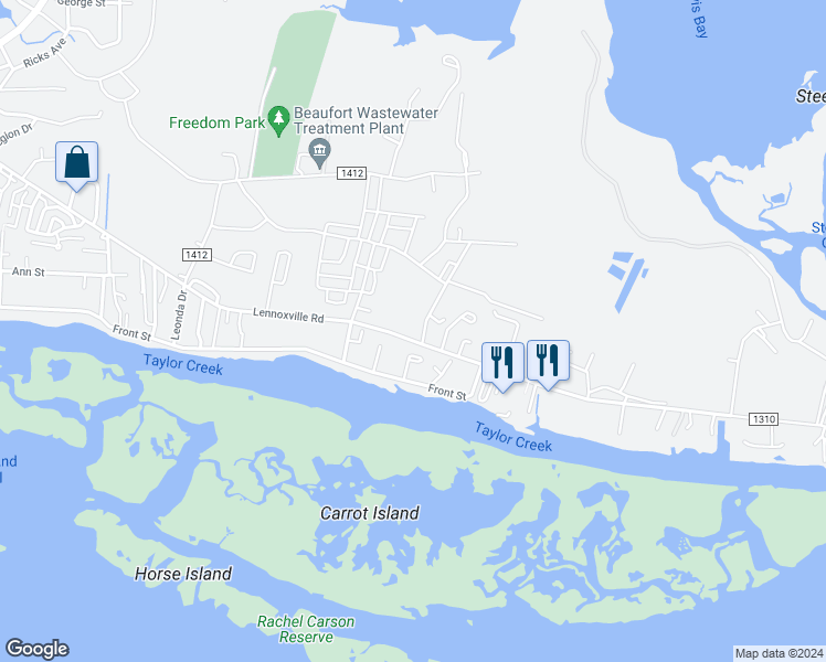 map of restaurants, bars, coffee shops, grocery stores, and more near 2227 Lennoxville Road in Beaufort