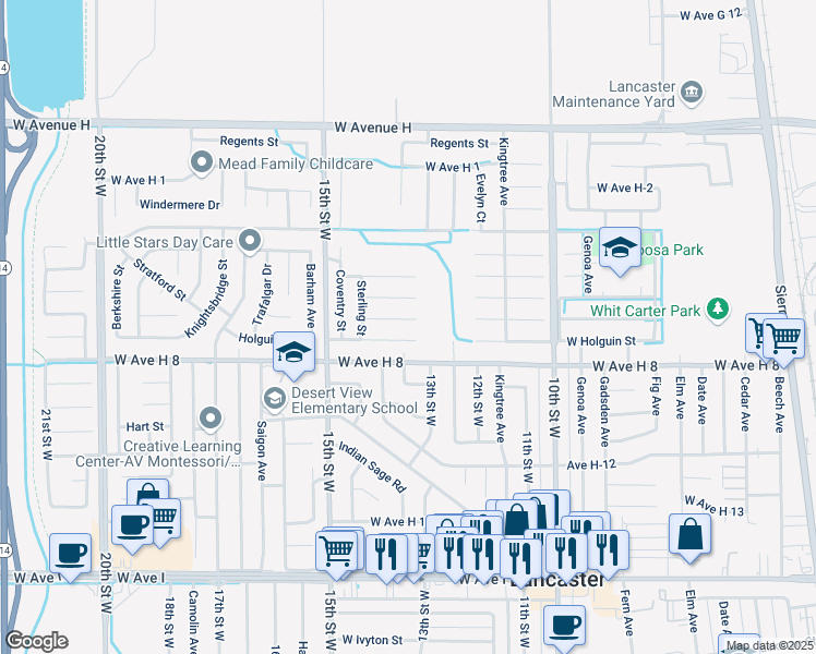 map of restaurants, bars, coffee shops, grocery stores, and more near 1214 Holguin Street in Lancaster