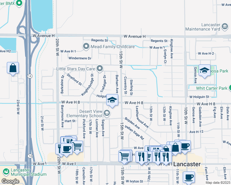 map of restaurants, bars, coffee shops, grocery stores, and more near 1520 Holguin Street in Lancaster
