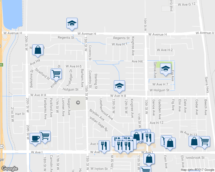 map of restaurants, bars, coffee shops, grocery stores, and more near 1232 West Avenue H 7 in Lancaster