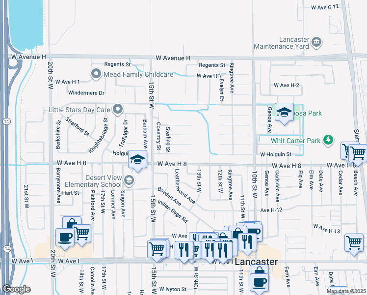map of restaurants, bars, coffee shops, grocery stores, and more near 1260 Holguin Street in Lancaster