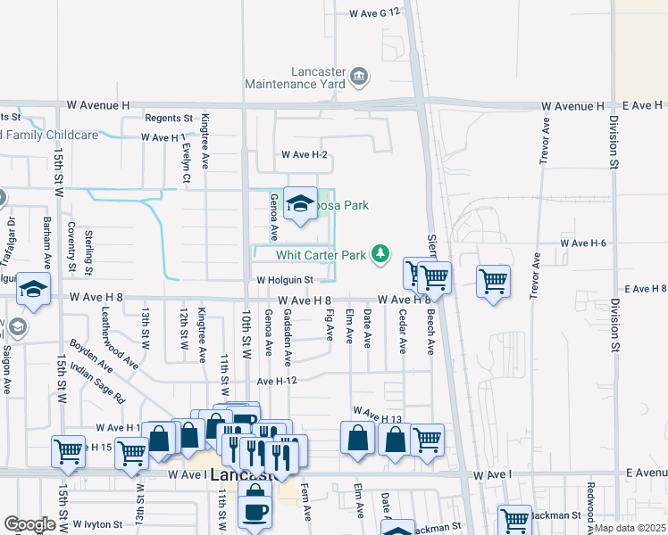 map of restaurants, bars, coffee shops, grocery stores, and more near 45644 Fig Avenue in Lancaster