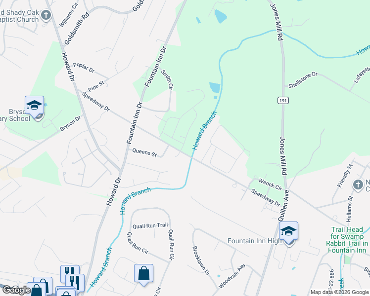 map of restaurants, bars, coffee shops, grocery stores, and more near 215 Speedway Drive in Fountain Inn
