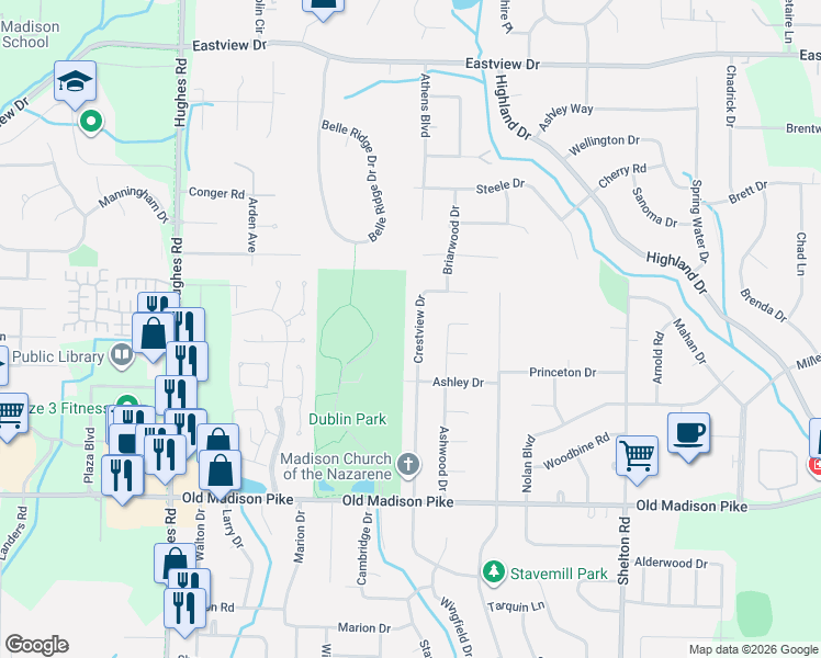 map of restaurants, bars, coffee shops, grocery stores, and more near 807 Crestview Drive in Madison
