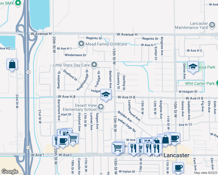 map of restaurants, bars, coffee shops, grocery stores, and more near 45629 Barham Avenue in Lancaster