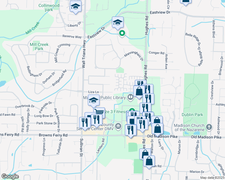map of restaurants, bars, coffee shops, grocery stores, and more near 126 Liza Lane in Madison