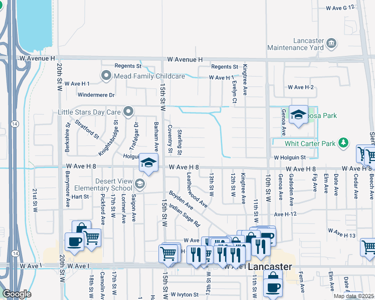 map of restaurants, bars, coffee shops, grocery stores, and more near 1304 West Avenue H 7 in Lancaster