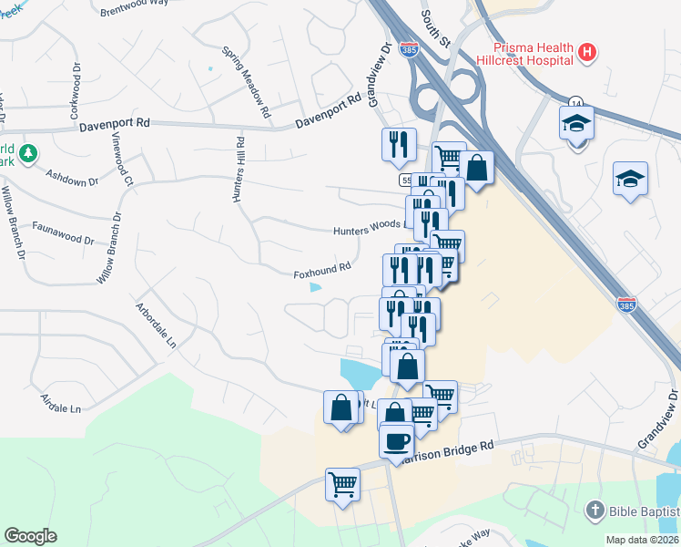 map of restaurants, bars, coffee shops, grocery stores, and more near 115 Foxhound Road in Simpsonville