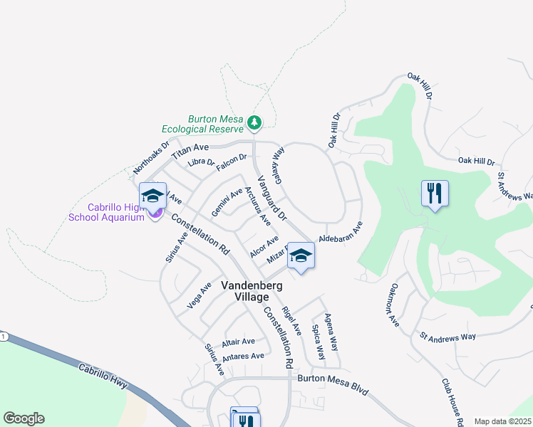 map of restaurants, bars, coffee shops, grocery stores, and more near 4195 Arcturus Avenue in Lompoc
