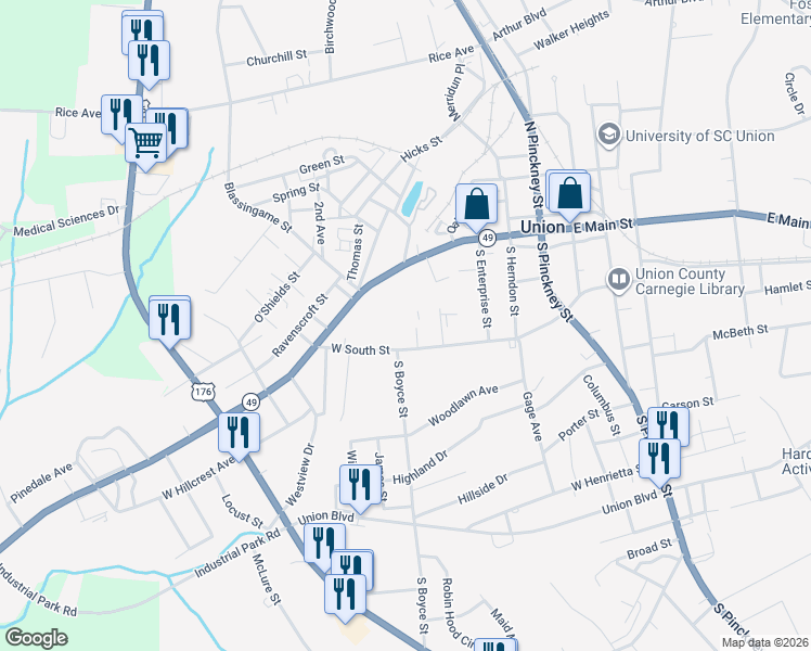 map of restaurants, bars, coffee shops, grocery stores, and more near 322 West South Street in Union