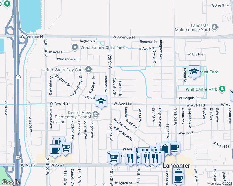 map of restaurants, bars, coffee shops, grocery stores, and more near 1344 Holguin Street in Lancaster