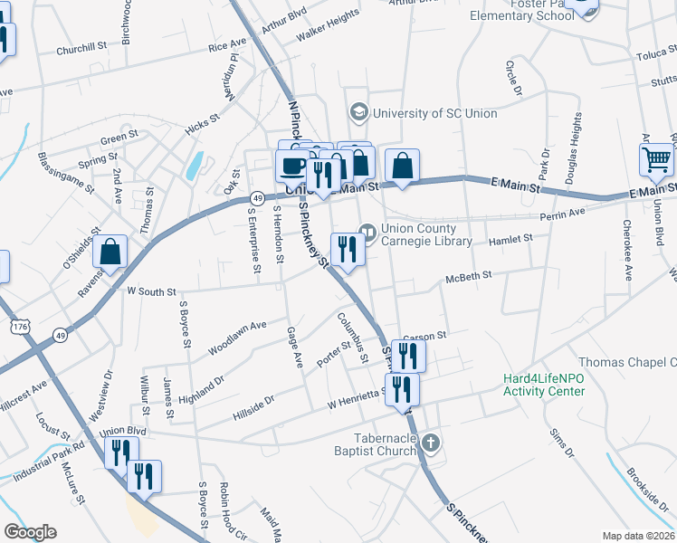 map of restaurants, bars, coffee shops, grocery stores, and more near 410 South Pinckney Street in Union