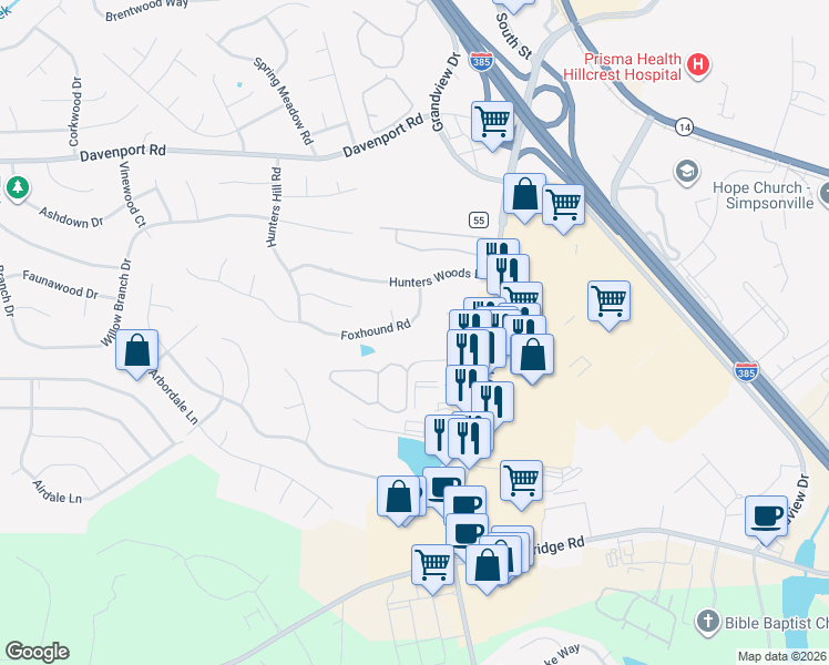 map of restaurants, bars, coffee shops, grocery stores, and more near 115 Foxhound Road in Simpsonville