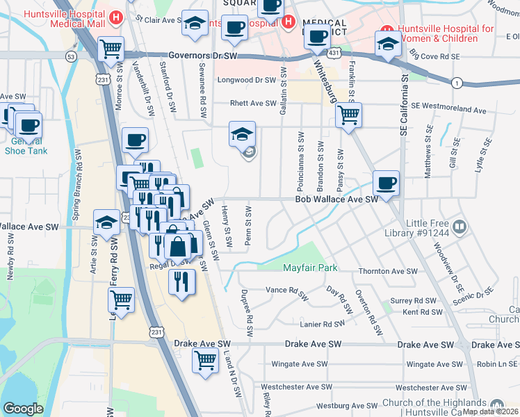 map of restaurants, bars, coffee shops, grocery stores, and more near 2407 Penn Street Southwest in Huntsville