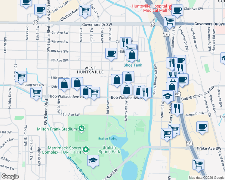 map of restaurants, bars, coffee shops, grocery stores, and more near 2547 Bob Wallace Avenue Southwest in Huntsville