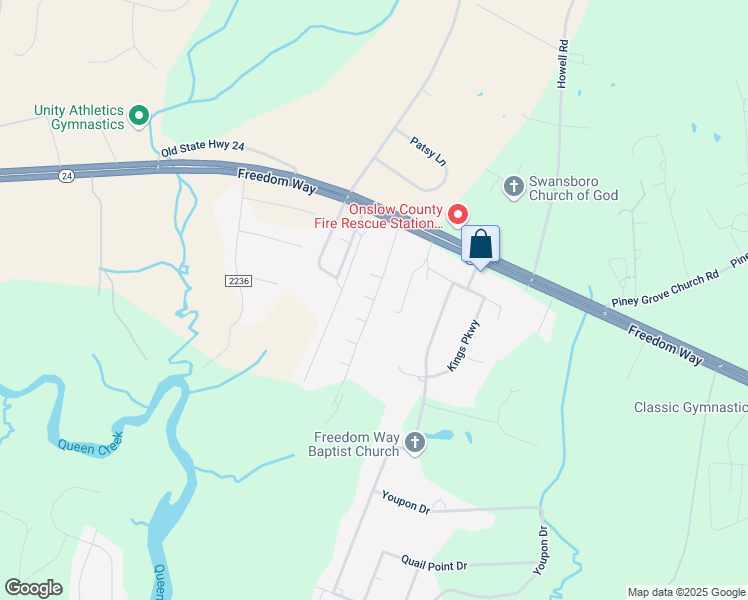 map of restaurants, bars, coffee shops, grocery stores, and more near Turtle Cove Drive in Onslow County