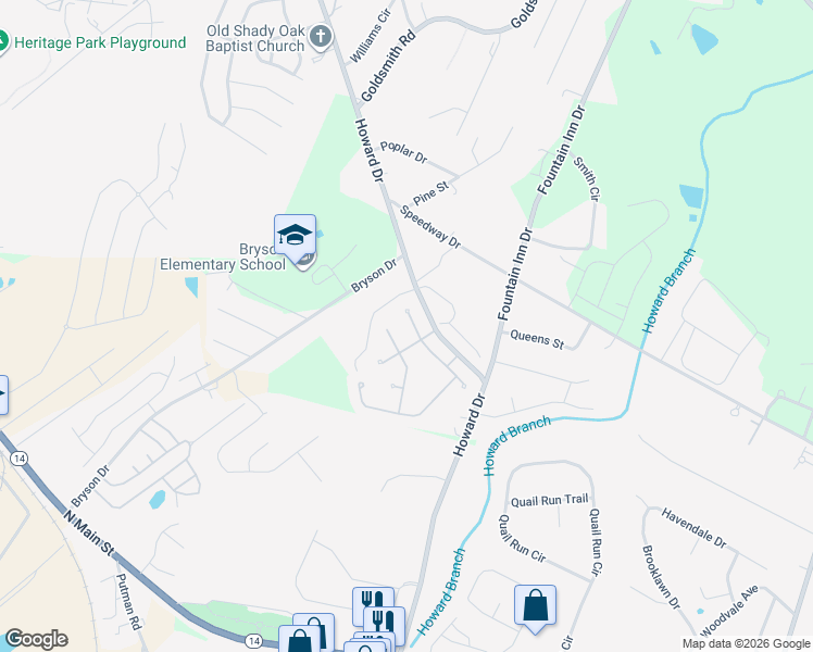 map of restaurants, bars, coffee shops, grocery stores, and more near 205 Brahman Way in Fountain Inn