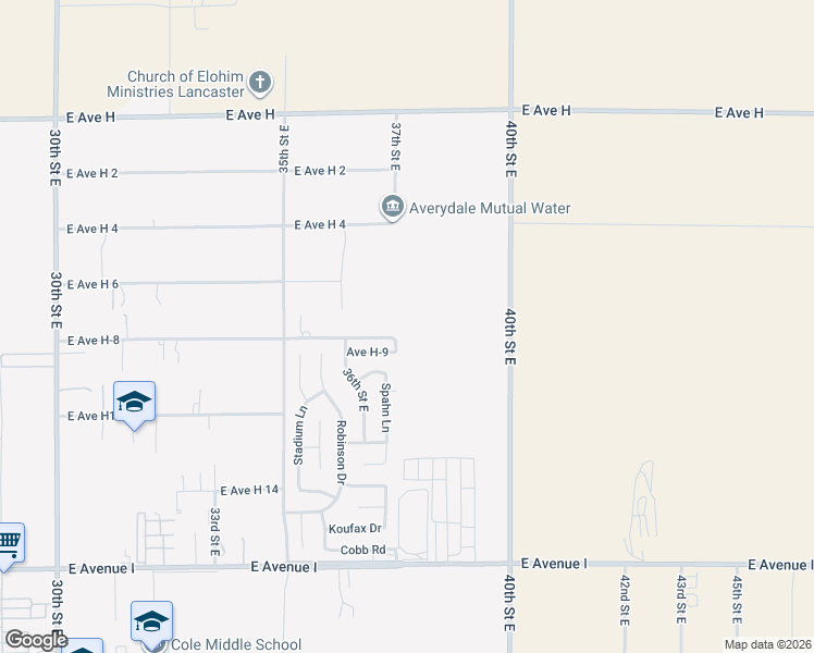 map of restaurants, bars, coffee shops, grocery stores, and more near 3700 West Avenue H 8 in Lancaster