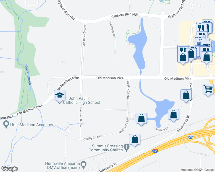 map of restaurants, bars, coffee shops, grocery stores, and more near 7115 Олд Мэдисон Пайк Северо-Запад in Huntsville