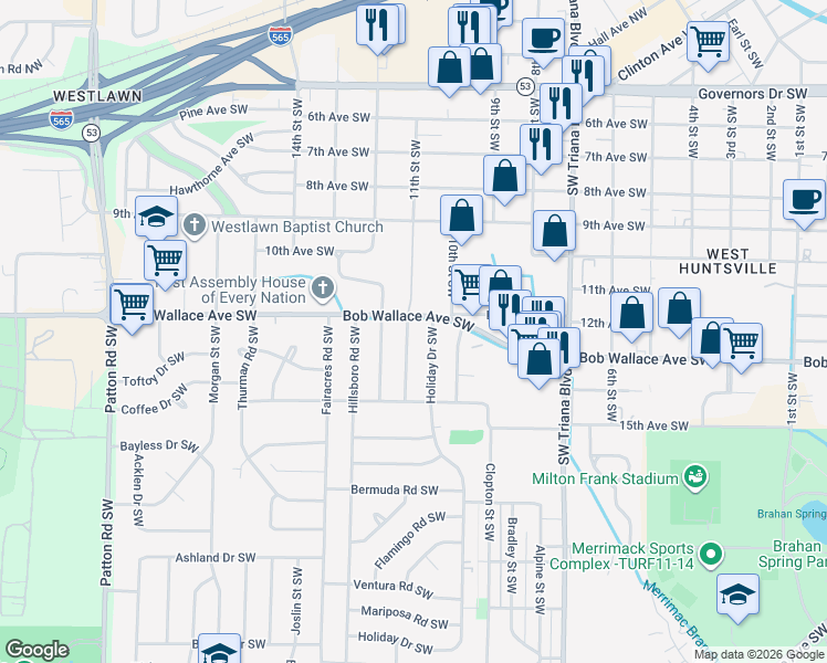 map of restaurants, bars, coffee shops, grocery stores, and more near 3500 Bob Wallace Avenue Southwest in Huntsville