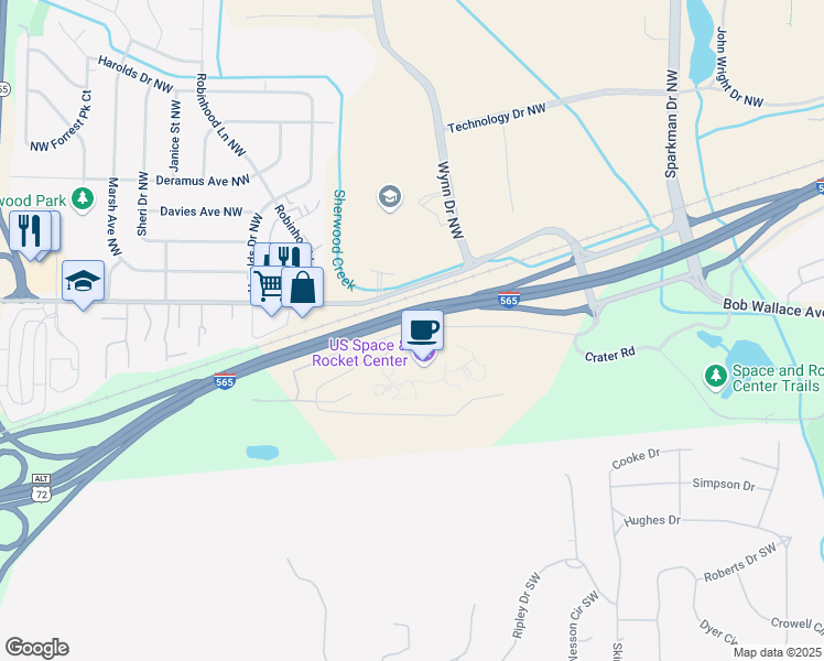 map of restaurants, bars, coffee shops, grocery stores, and more near U.S. 72 Alt in Huntsville