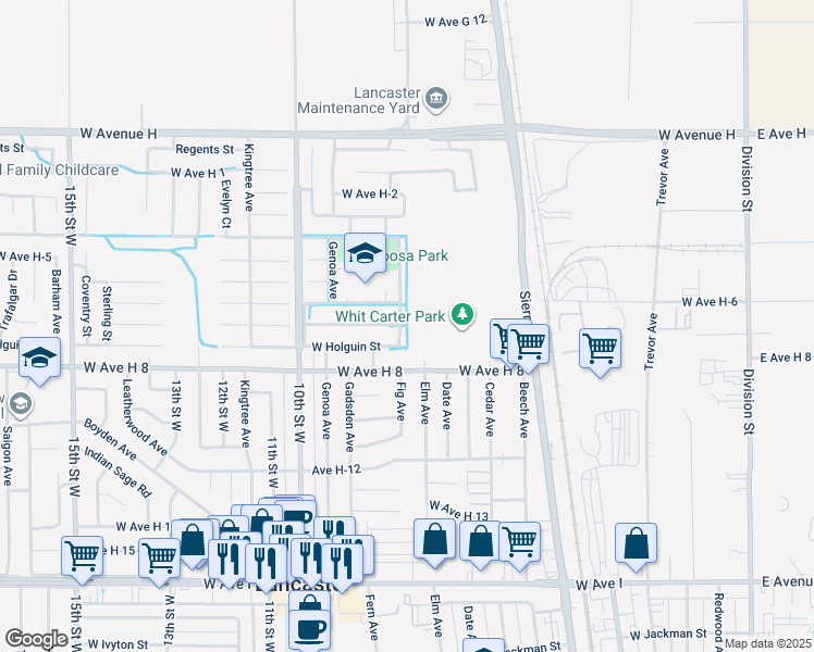 map of restaurants, bars, coffee shops, grocery stores, and more near 45650 Fig Avenue in Lancaster