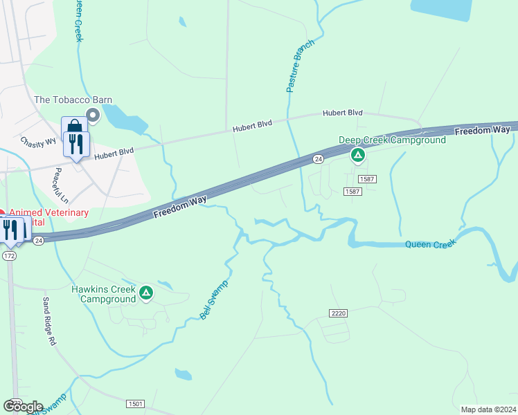 map of restaurants, bars, coffee shops, grocery stores, and more near 104 Craig Drive in Hubert