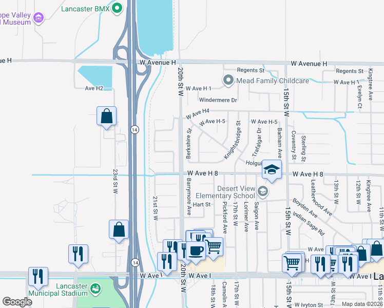 map of restaurants, bars, coffee shops, grocery stores, and more near 45634 Berkshire Street in Lancaster
