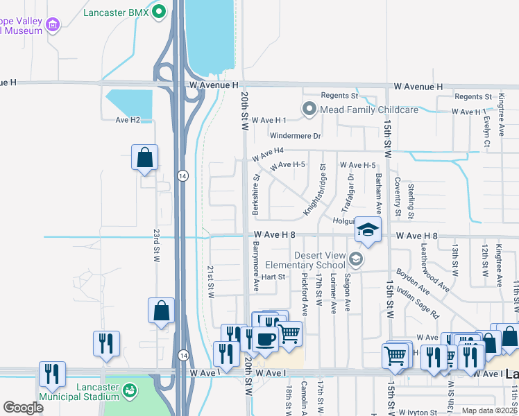 map of restaurants, bars, coffee shops, grocery stores, and more near 45634 Berkshire Street in Lancaster