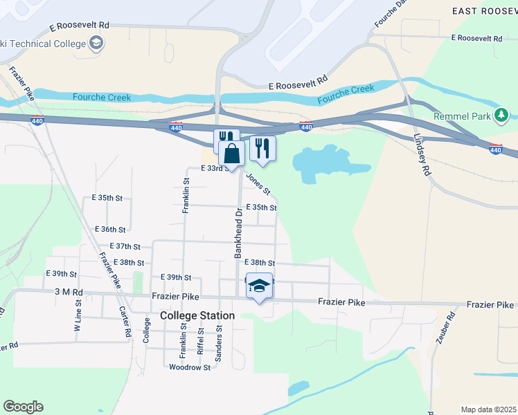 map of restaurants, bars, coffee shops, grocery stores, and more near 4400 East 35th Street in Little Rock