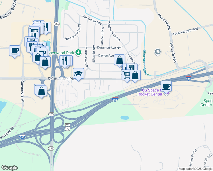 map of restaurants, bars, coffee shops, grocery stores, and more near 6313 Old Madison Pike in Huntsville