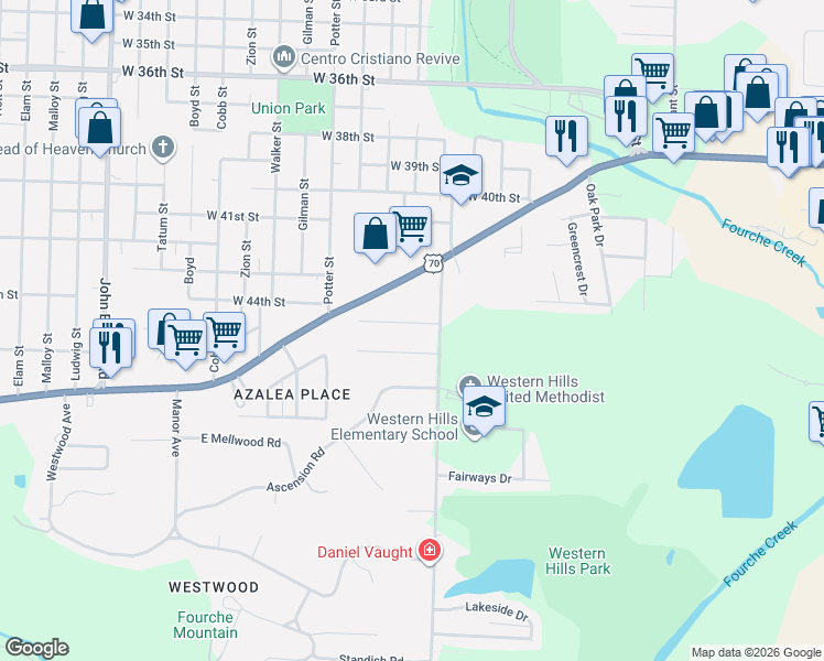 map of restaurants, bars, coffee shops, grocery stores, and more near 7623 West 44th Street in Little Rock