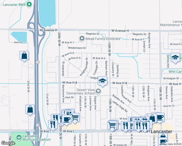 map of restaurants, bars, coffee shops, grocery stores, and more near 45654 Knightsbridge Street in Lancaster