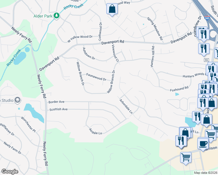 map of restaurants, bars, coffee shops, grocery stores, and more near 510 Willow Branch Drive in Simpsonville