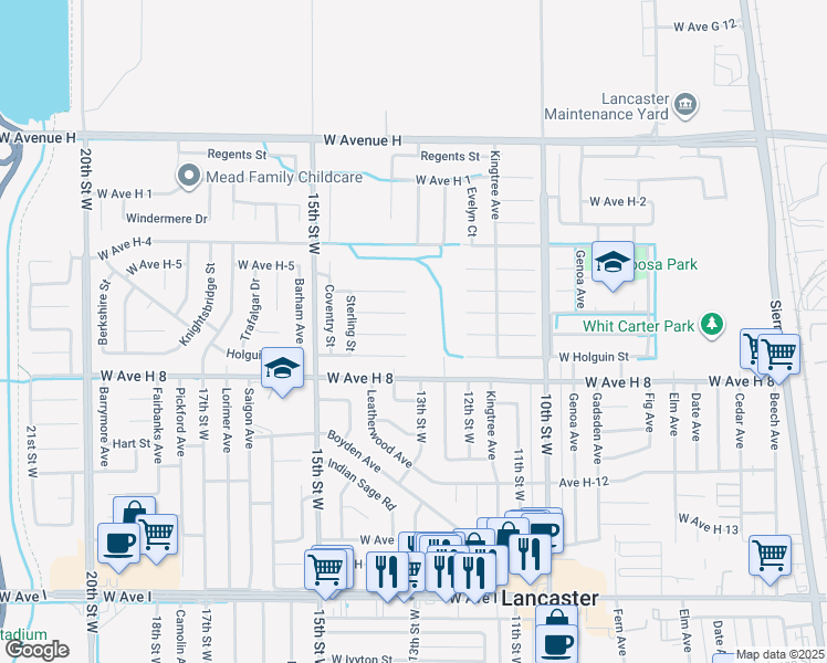 map of restaurants, bars, coffee shops, grocery stores, and more near 1217 West Avenue H 7 in Lancaster