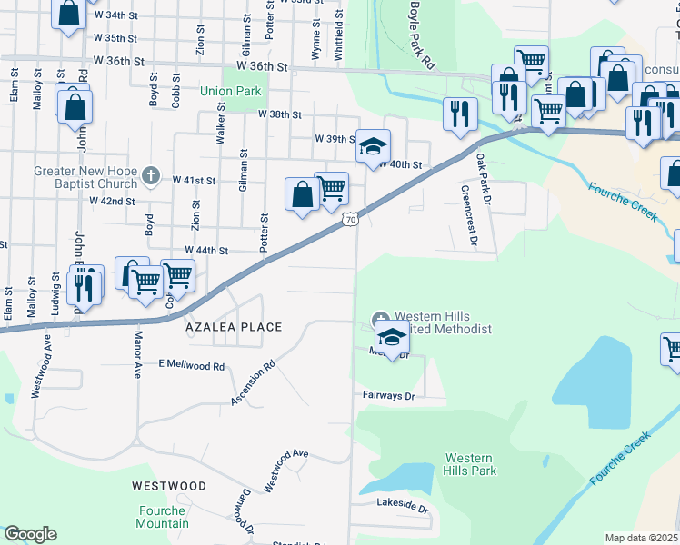 map of restaurants, bars, coffee shops, grocery stores, and more near 7623 West 44th Street in Little Rock