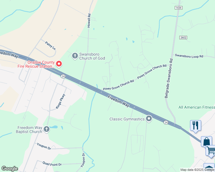 map of restaurants, bars, coffee shops, grocery stores, and more near 107 Piney Grove Baptist Church Road in Hubert
