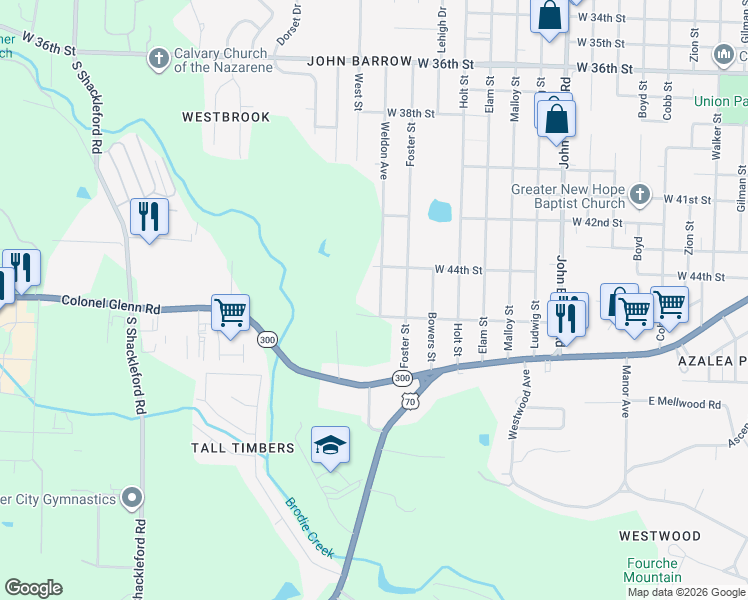 map of restaurants, bars, coffee shops, grocery stores, and more near 4500 Weldon Avenue in Little Rock