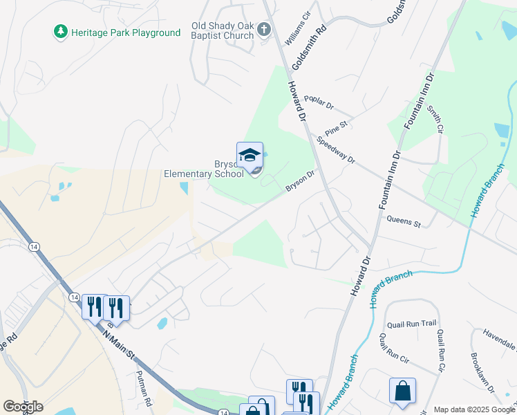 map of restaurants, bars, coffee shops, grocery stores, and more near 703 Bryson Drive in Simpsonville