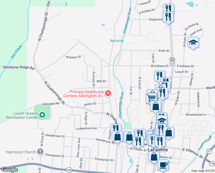 map of restaurants, bars, coffee shops, grocery stores, and more near 35 North Steel Street in LaFayette