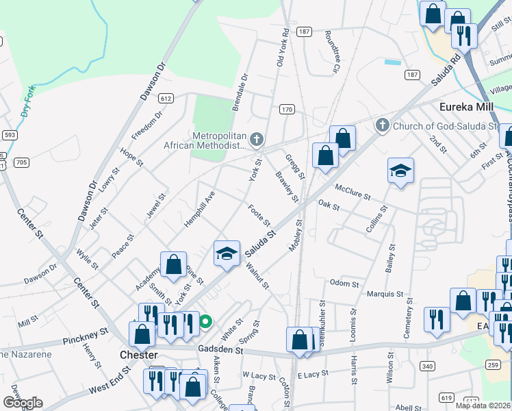 map of restaurants, bars, coffee shops, grocery stores, and more near 161 York Street in Chester