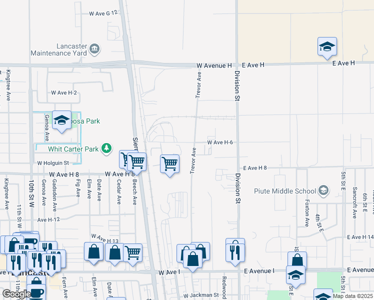 map of restaurants, bars, coffee shops, grocery stores, and more near Trevor Avenue in Lancaster