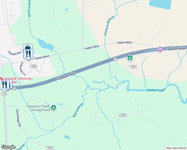 map of restaurants, bars, coffee shops, grocery stores, and more near 104 Craig Drive in Hubert