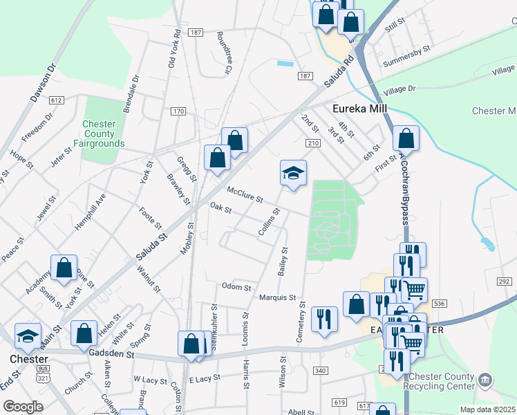 map of restaurants, bars, coffee shops, grocery stores, and more near 124 McClure Street in Chester