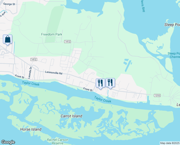 map of restaurants, bars, coffee shops, grocery stores, and more near Sea Grove Lane in Beaufort